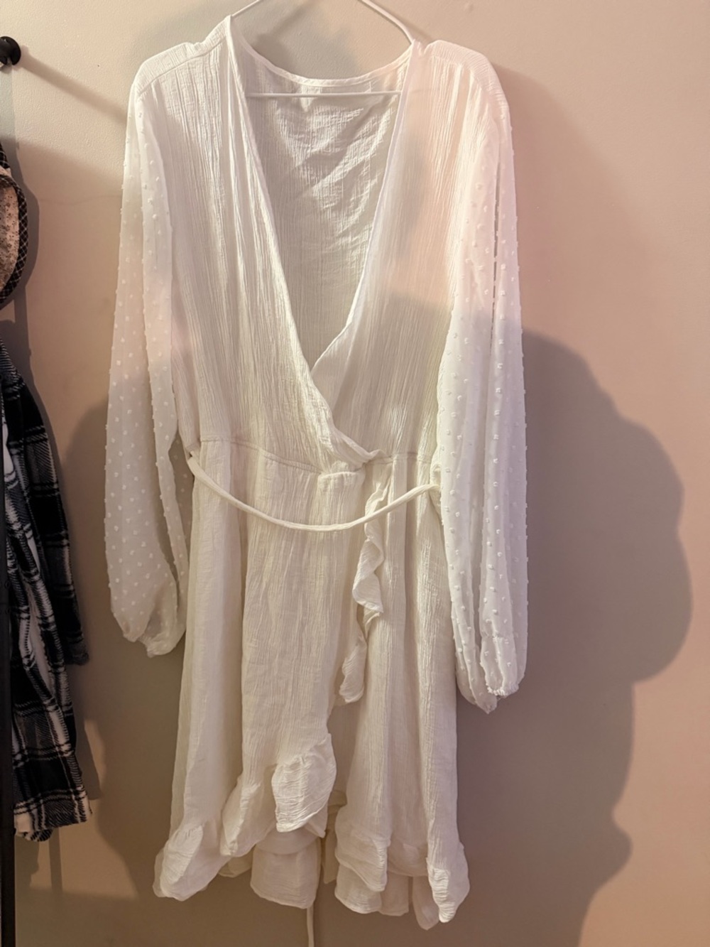SHEIN White Curve Dress with Tie Waist with sheer dotted long sleeves.